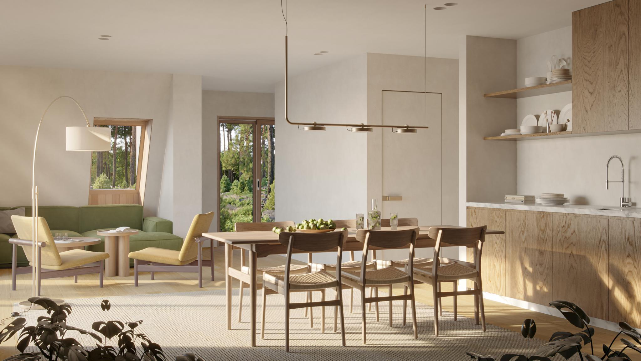 An architectural render of a sunlit, open-plan interior shows a Scandinavian-style dining set and kitchen transition into a cozy living area with green and yellow accents.