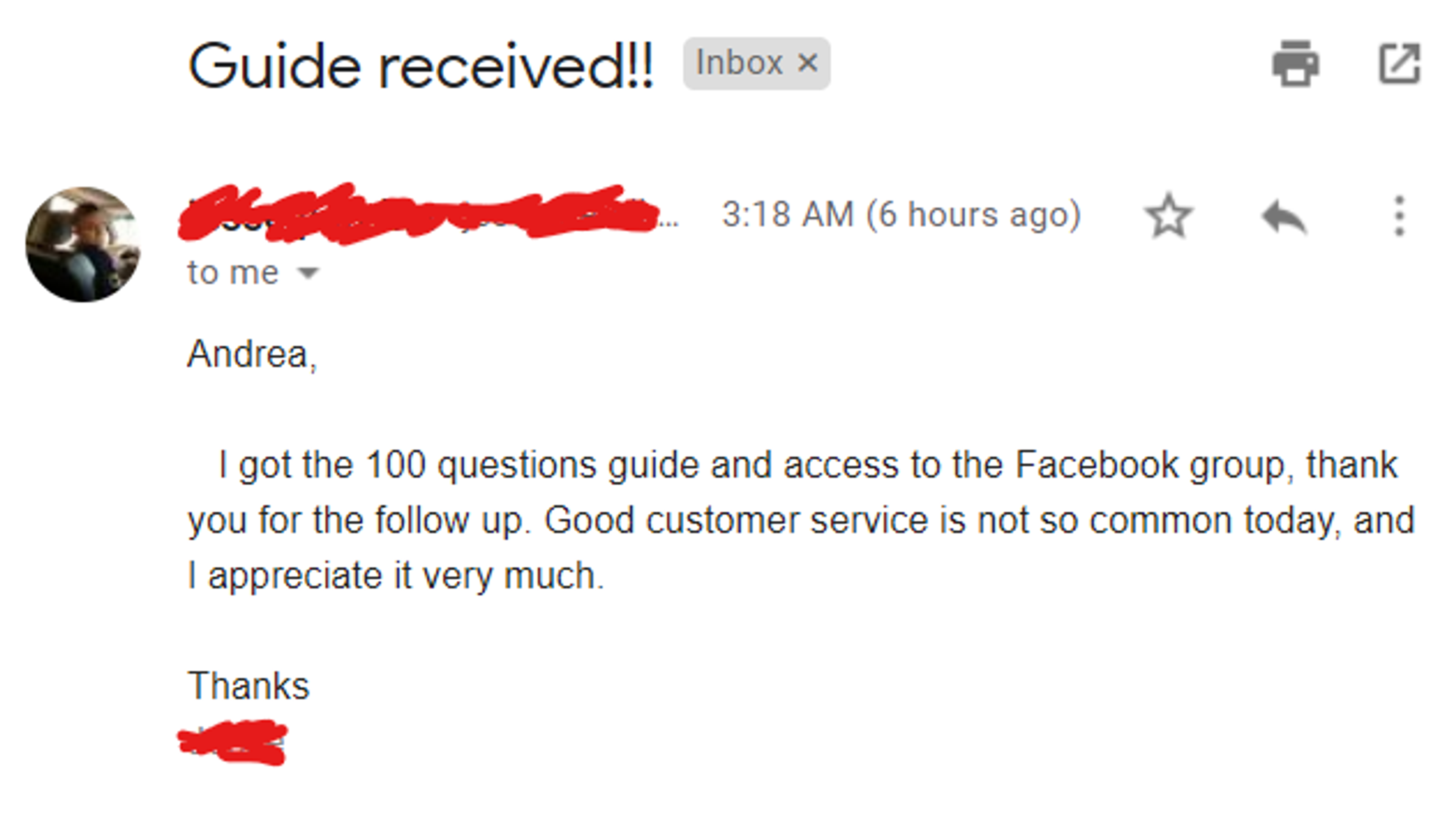  Gemini said A screenshot of an email from a customer thanking a representative named Andrea for providing a building guide and community access.