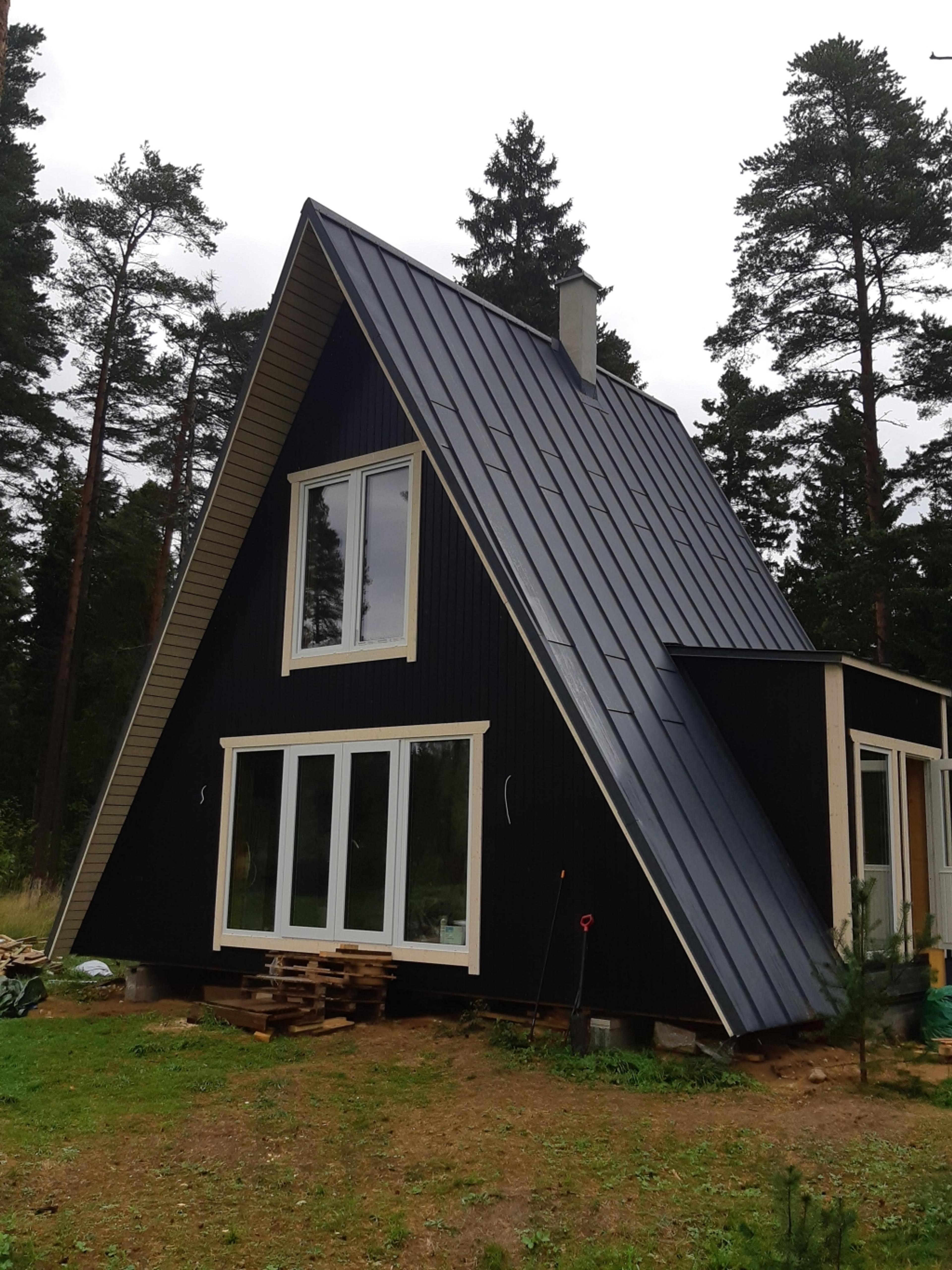 A black A-frame house with white-trimmed windows and a dark metal roof is nestled among tall evergreen trees under an overcast sky.