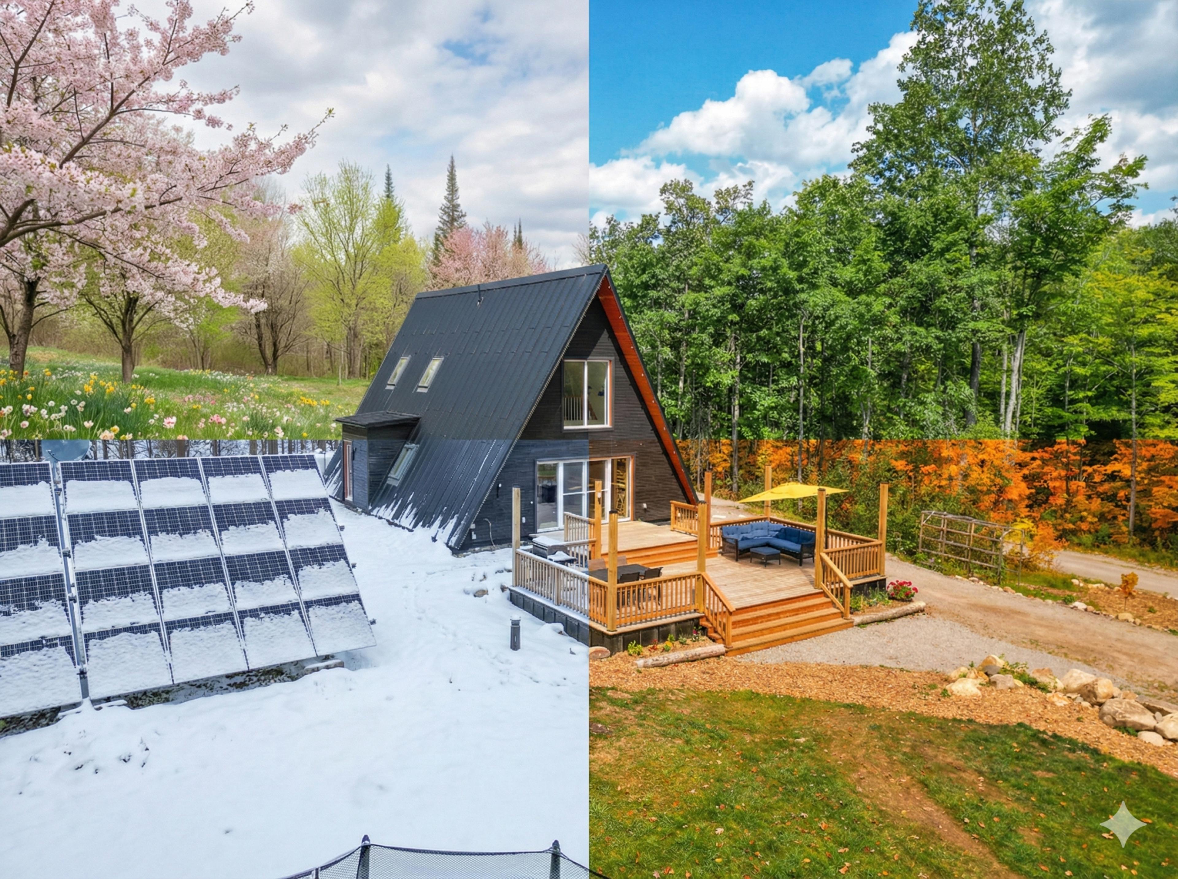 A four-way split-screen image shows the same dark A-frame house and its surrounding landscape, including solar panels and a wooden deck, across the spring, summer, autumn, and winter seasons.