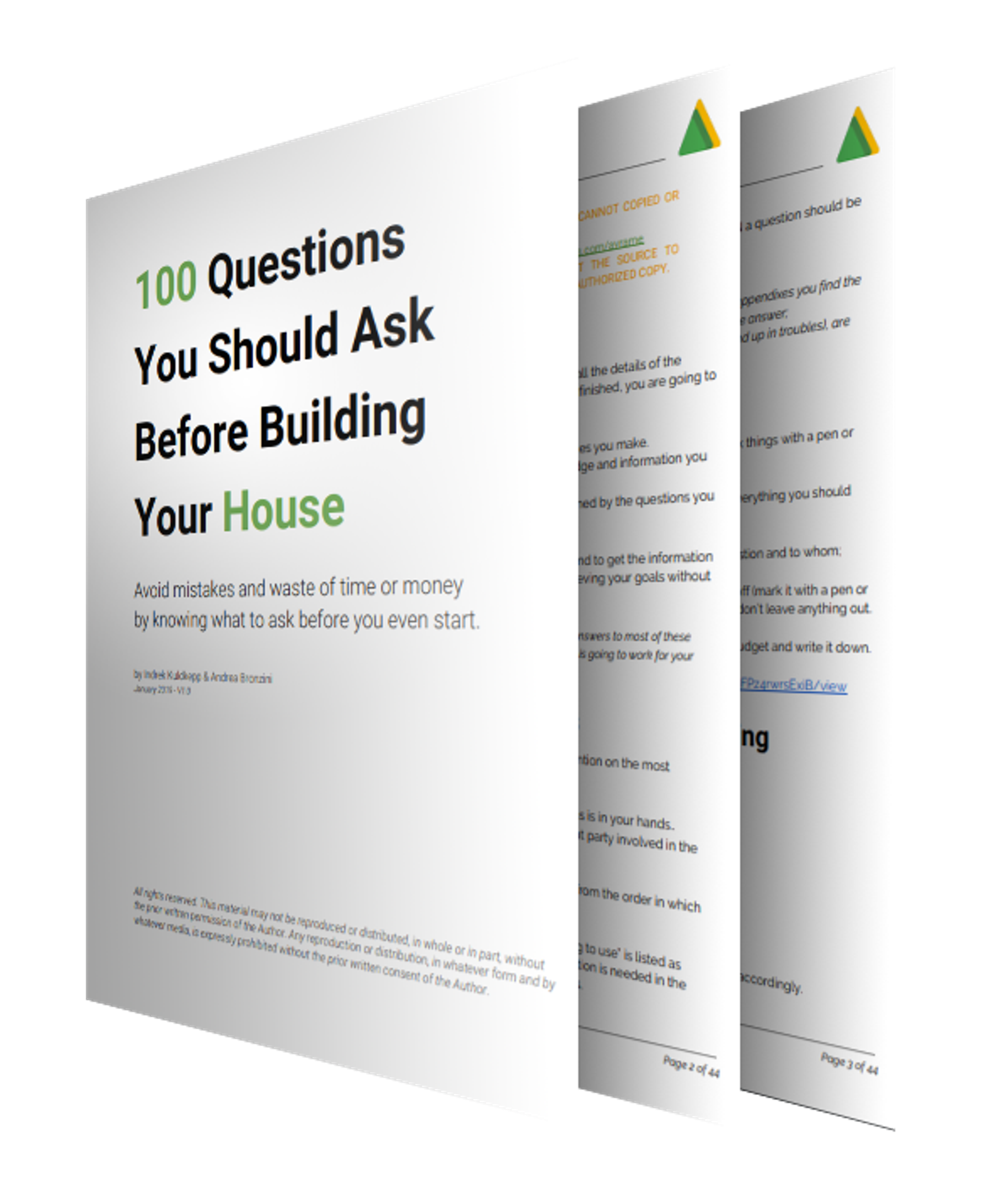 A 3D rendering shows the cover and interior pages of a guide titled "100 Questions You Should Ask Before Building Your House" by Indrek Kuldkepp and Andrea Bronzini.