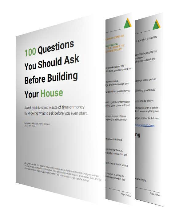 A 3D rendering shows the cover and interior pages of a guide titled "100 Questions You Should Ask Before Building Your House" by Indrek Kuldkepp and Andrea Bronzini.