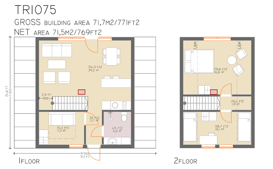 The architectural floor plan for the TRIO 075 model illustrates a two-story layout with three bedrooms, one bathroom, and an open living and dining area.