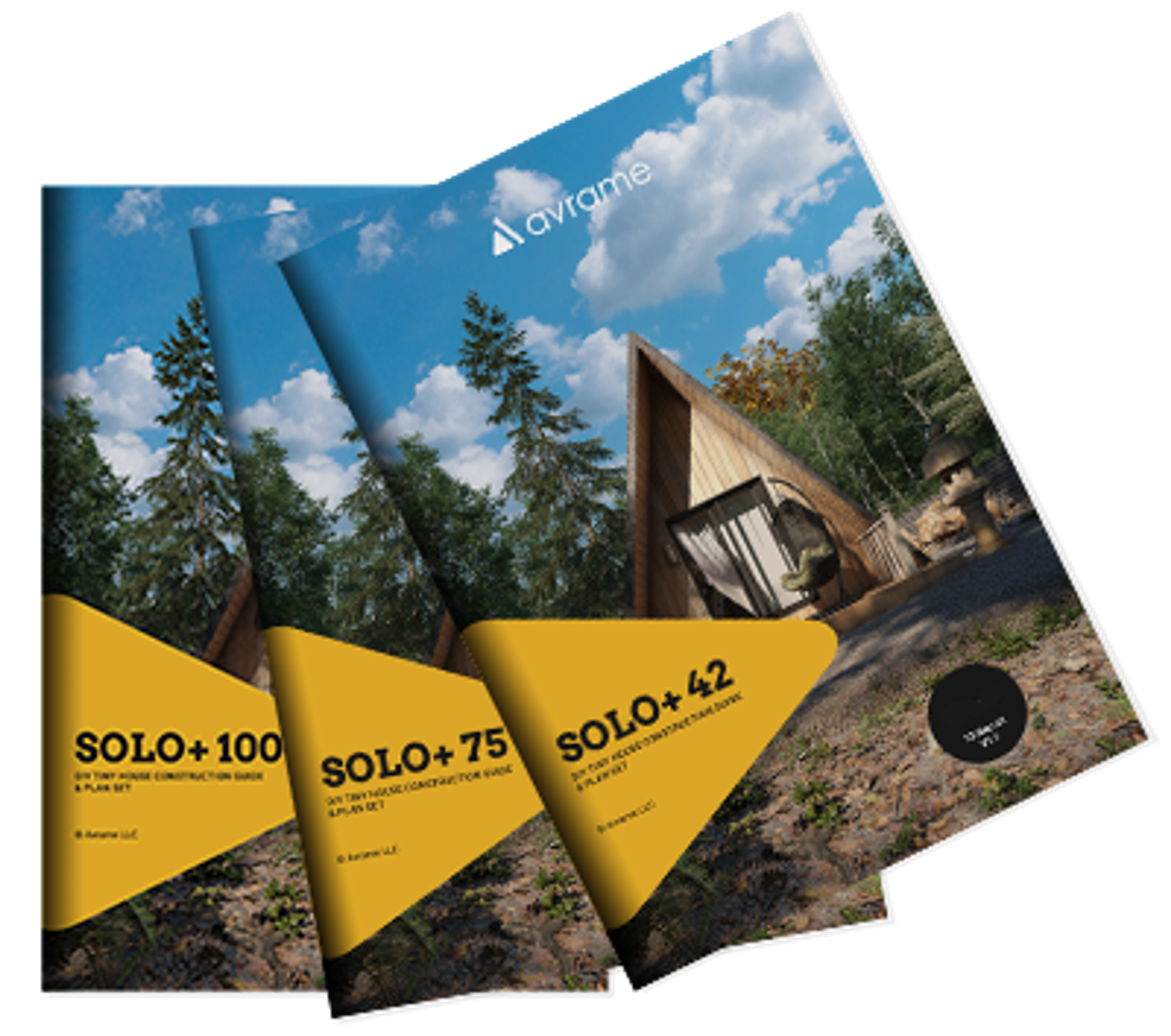 Three instructional booklets for Avrame Solo models 100, 75, and 42 are displayed together, each featuring a cover image of an A-frame tiny house in a wooded setting.