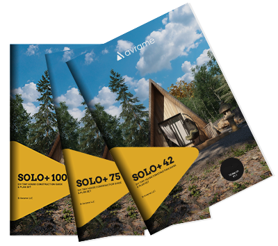 Three instructional booklets for Avrame Solo models 100, 75, and 42 are displayed together, each featuring a cover image of an A-frame tiny house in a wooded setting.
