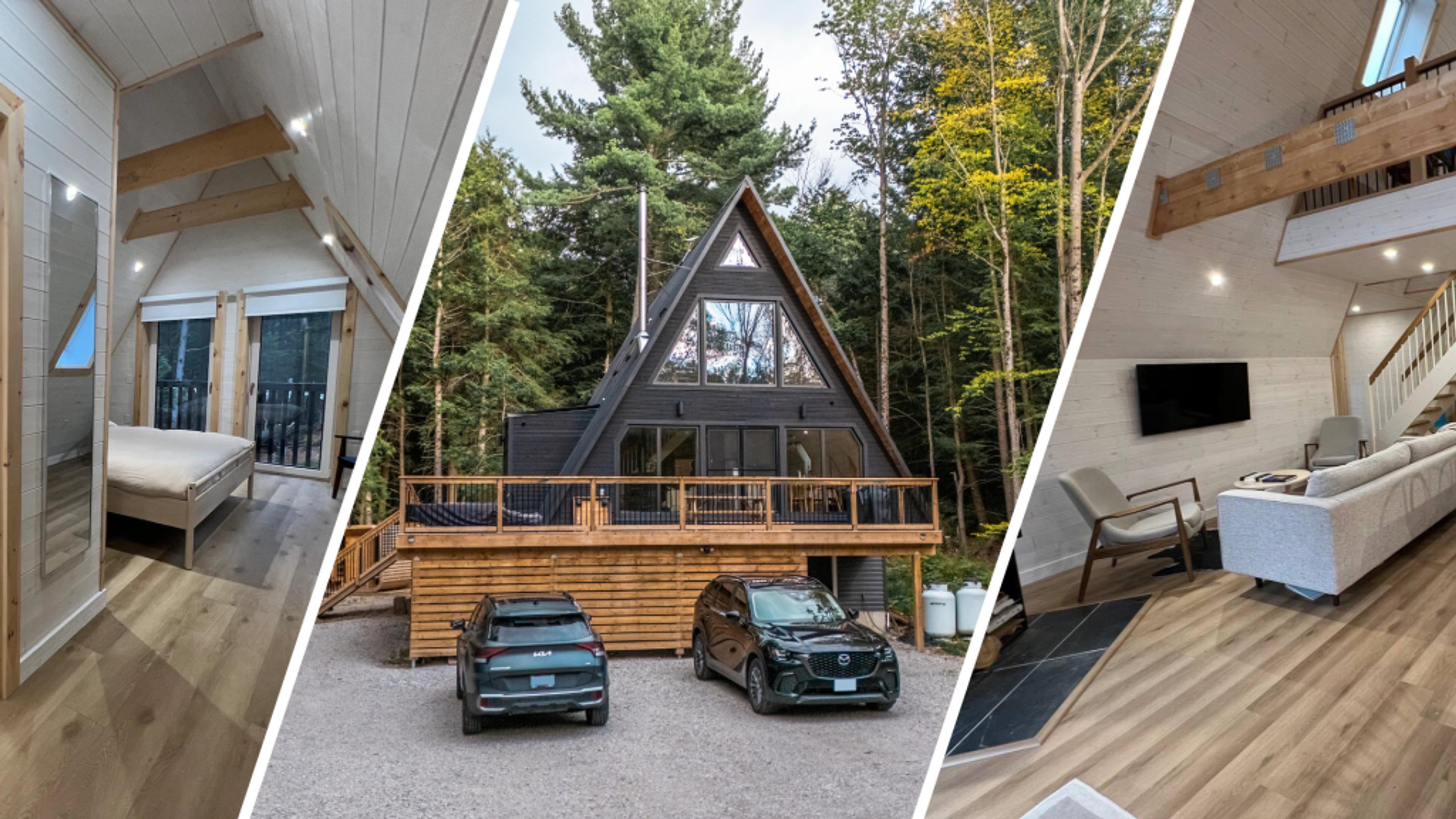 A three-part collage showcases a dark A-frame cabin tucked in a forest with its bright, minimalist bedroom and living room interiors.