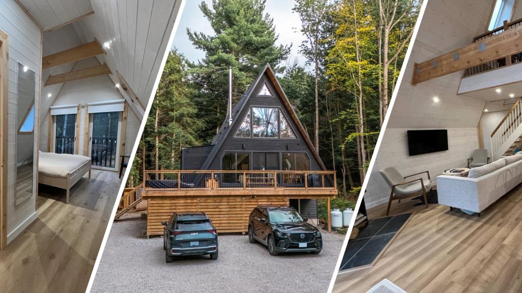 A three-part collage showcases a dark A-frame cabin tucked in a forest with its bright, minimalist bedroom and living room interiors.