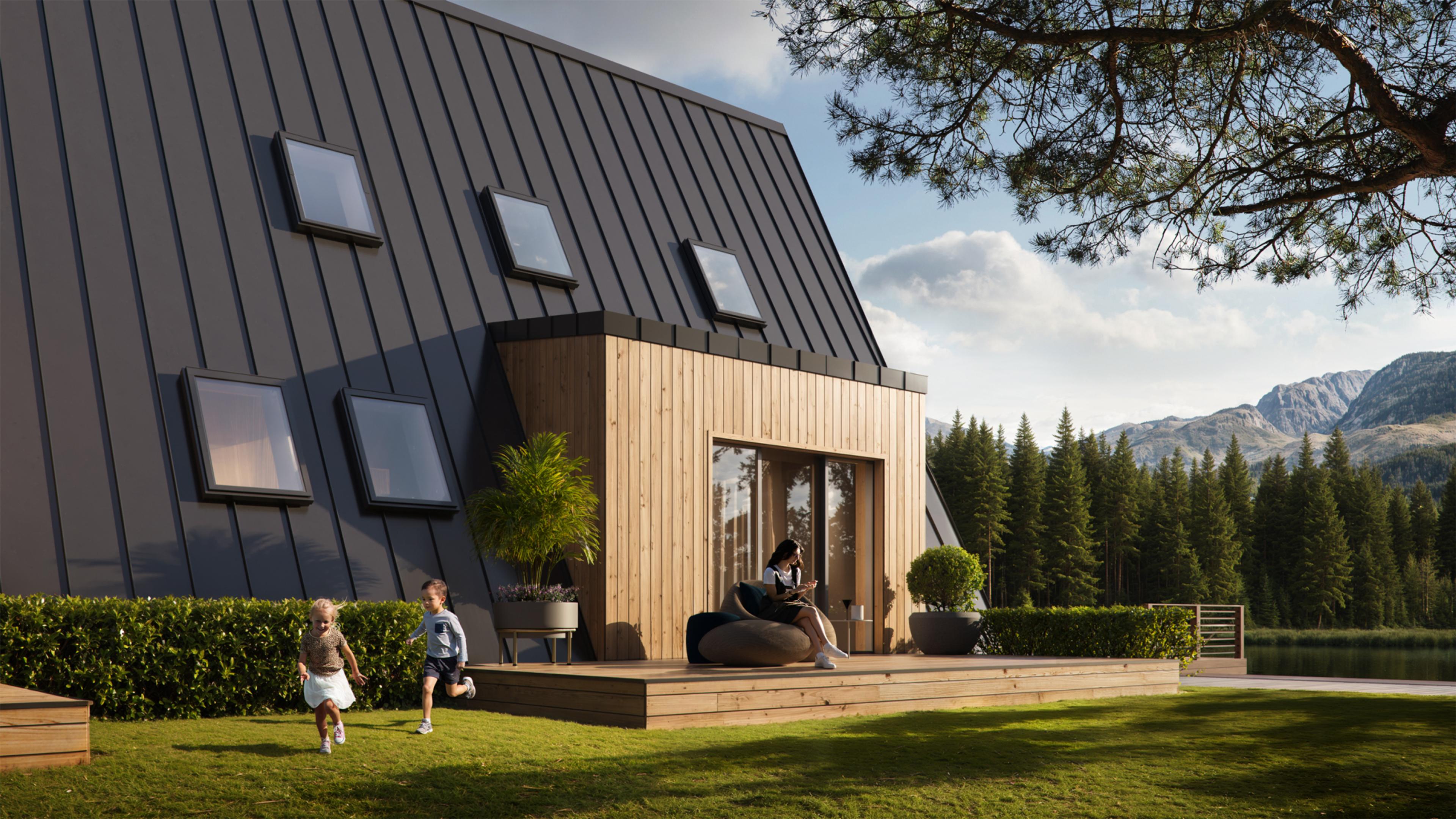 An architectural render captures a family enjoying the lawn and wooden deck of a modern, dark-roofed A-frame house situated in a picturesque mountain landscape.