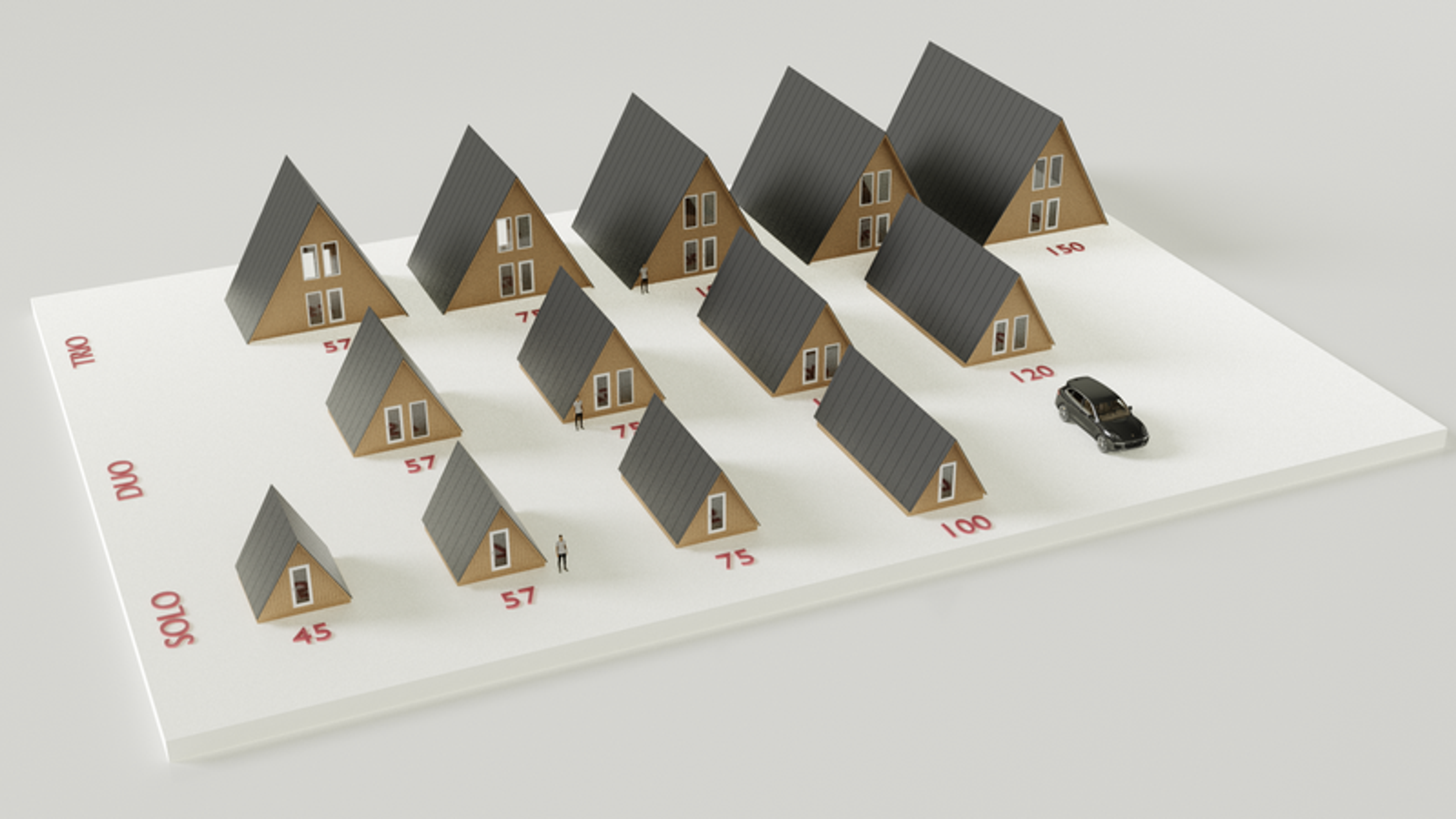An isometric 3D render compares various A-frame house models categorized by "Solo," "Duo," and "Trio" series, showing their relative sizes and floor areas alongside a car and human figures for scale.