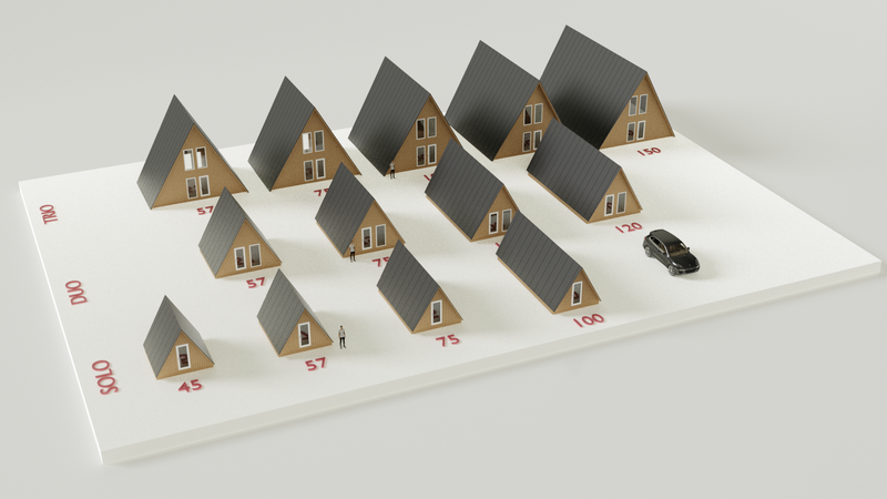 An isometric 3D render compares various A-frame house models categorized by "Solo," "Duo," and "Trio" series, showing their relative sizes and floor areas alongside a car and human figures for scale.