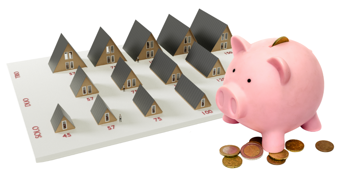 A pink piggy bank with Euro coins sits next to a chart displaying miniature A-frame house models categorized by the Solo, Duo, and Trio series.