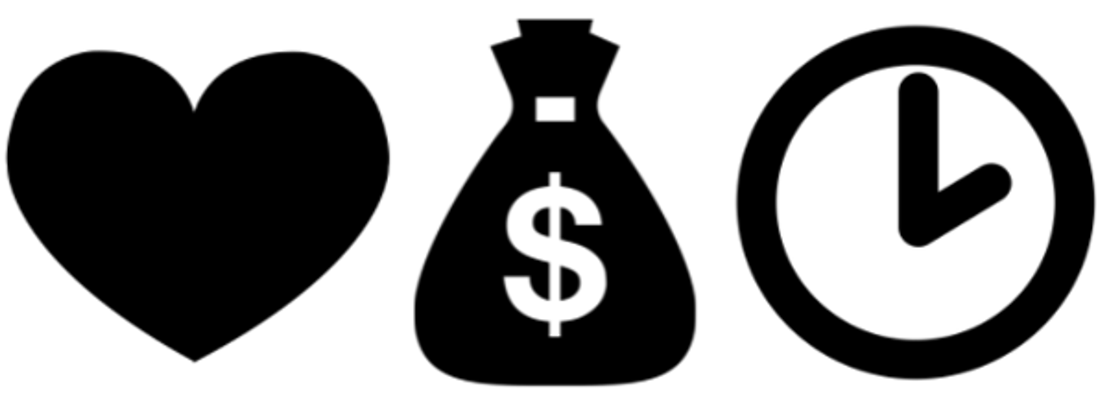 Three black icons representing love, money, and time are arranged side-by-side: a heart, a money bag with a dollar sign, and a clock.