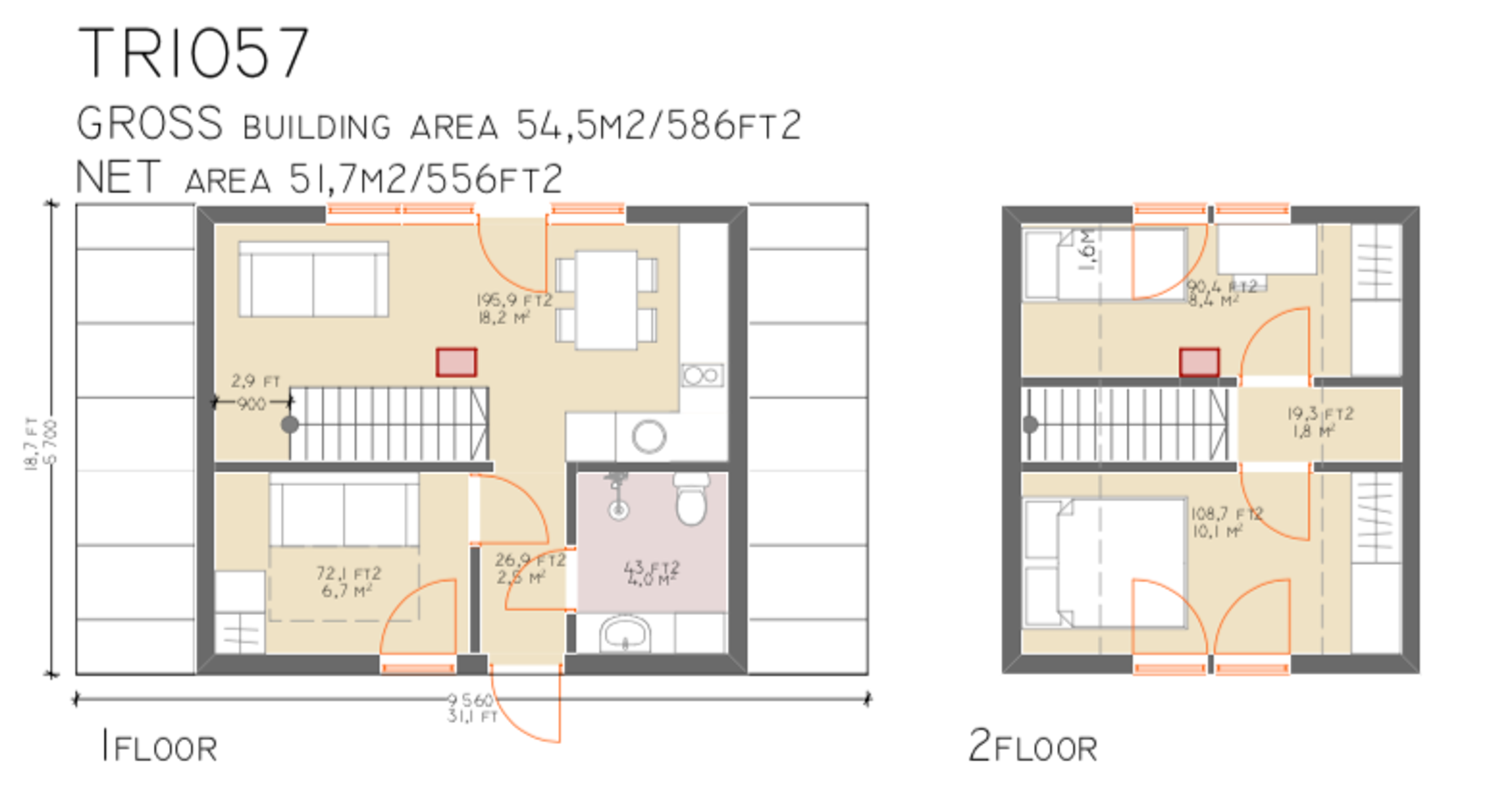 The architectural floor plan for the TRIO 057 model shows a compact two-story layout including two bedrooms, one bathroom, and an open-concept living, dining, and kitchen area.