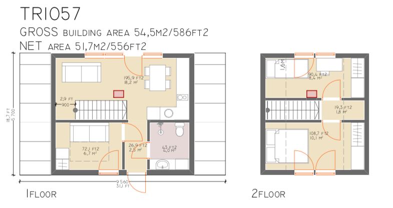 The architectural floor plan for the TRIO 057 model shows a compact two-story layout including two bedrooms, one bathroom, and an open-concept living, dining, and kitchen area.