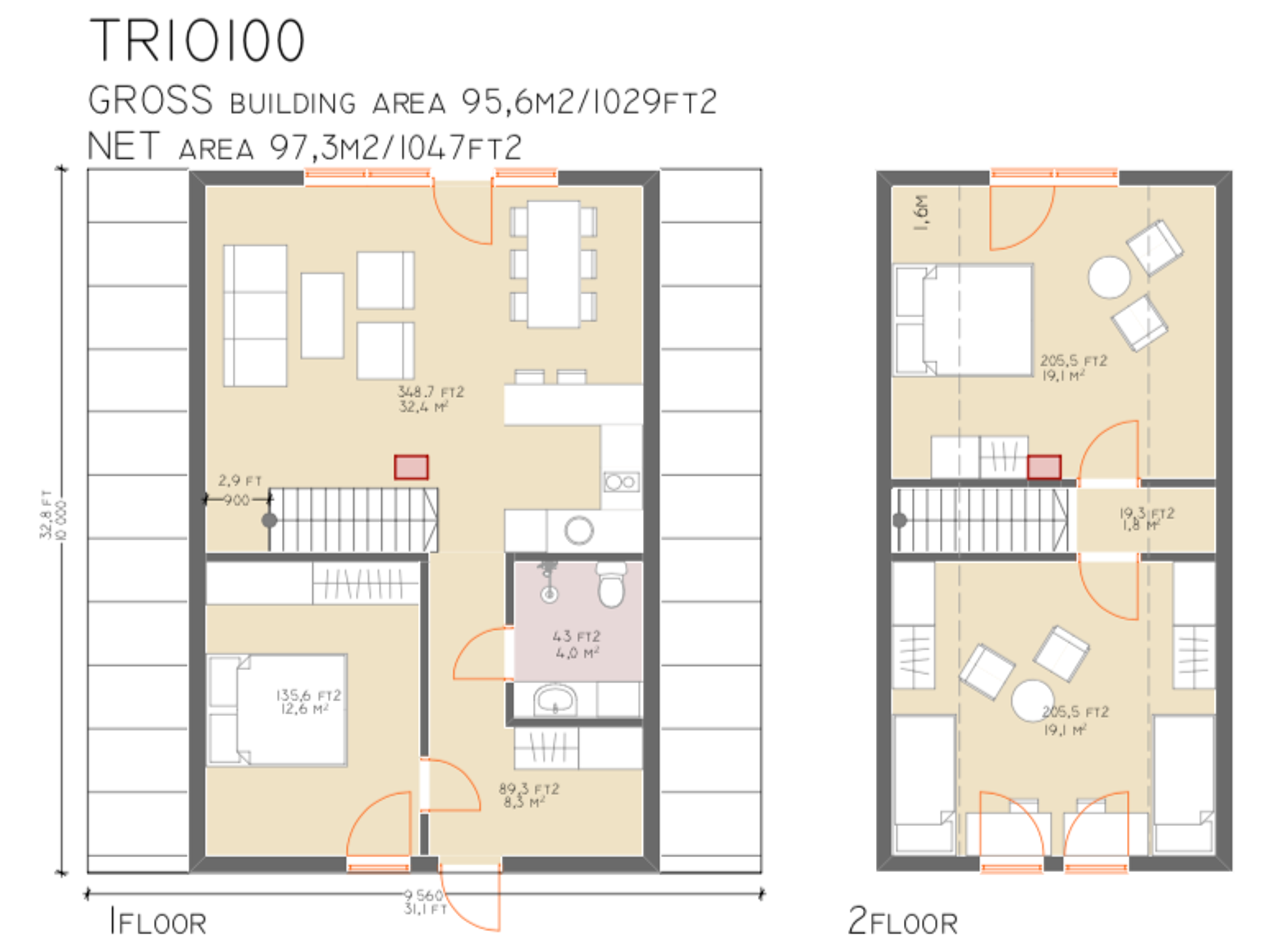 The architectural floor plan for the TRIO 100 model displays a two-story design featuring three bedrooms, one bathroom, and an open-concept living and dining area.