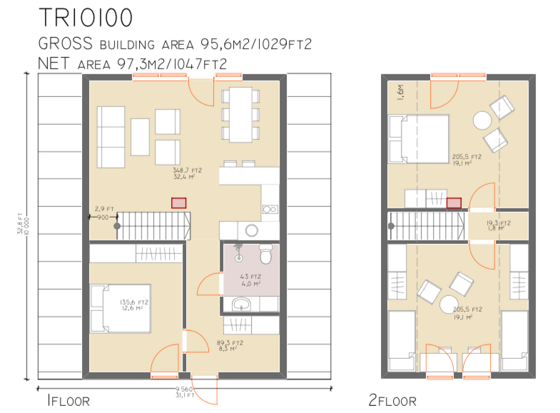The architectural floor plan for the TRIO 100 model displays a two-story design featuring three bedrooms, one bathroom, and an open-concept living and dining area.