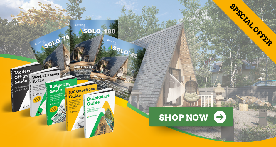 A promotional "Special Offer" banner features a collection of Avrame DIY building resources, including Solo series construction guides and supplemental booklets like the "Modern Off-grid Guide" and "Budgeting Guide," set against a sunny cabin backdrop.