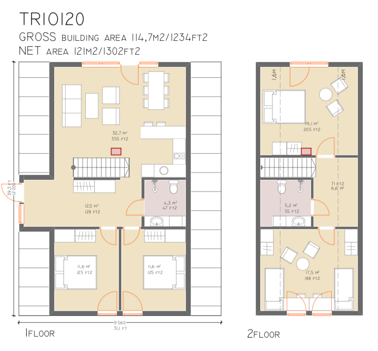 That said, the open ceiling is completely optional and it can be changed if you like.  The standard version of the TRIO 150 comes with one dormer that serves as the main entrance to the building.  TRIO 120 This house is a more economical version of the TRIO 150. The two houses are practically identical, except for the open ceiling and the living room, which is a bit smaller in the 120 model.  TRIO 120 features the same side entrance through the dormer as you find in TRIO 150.