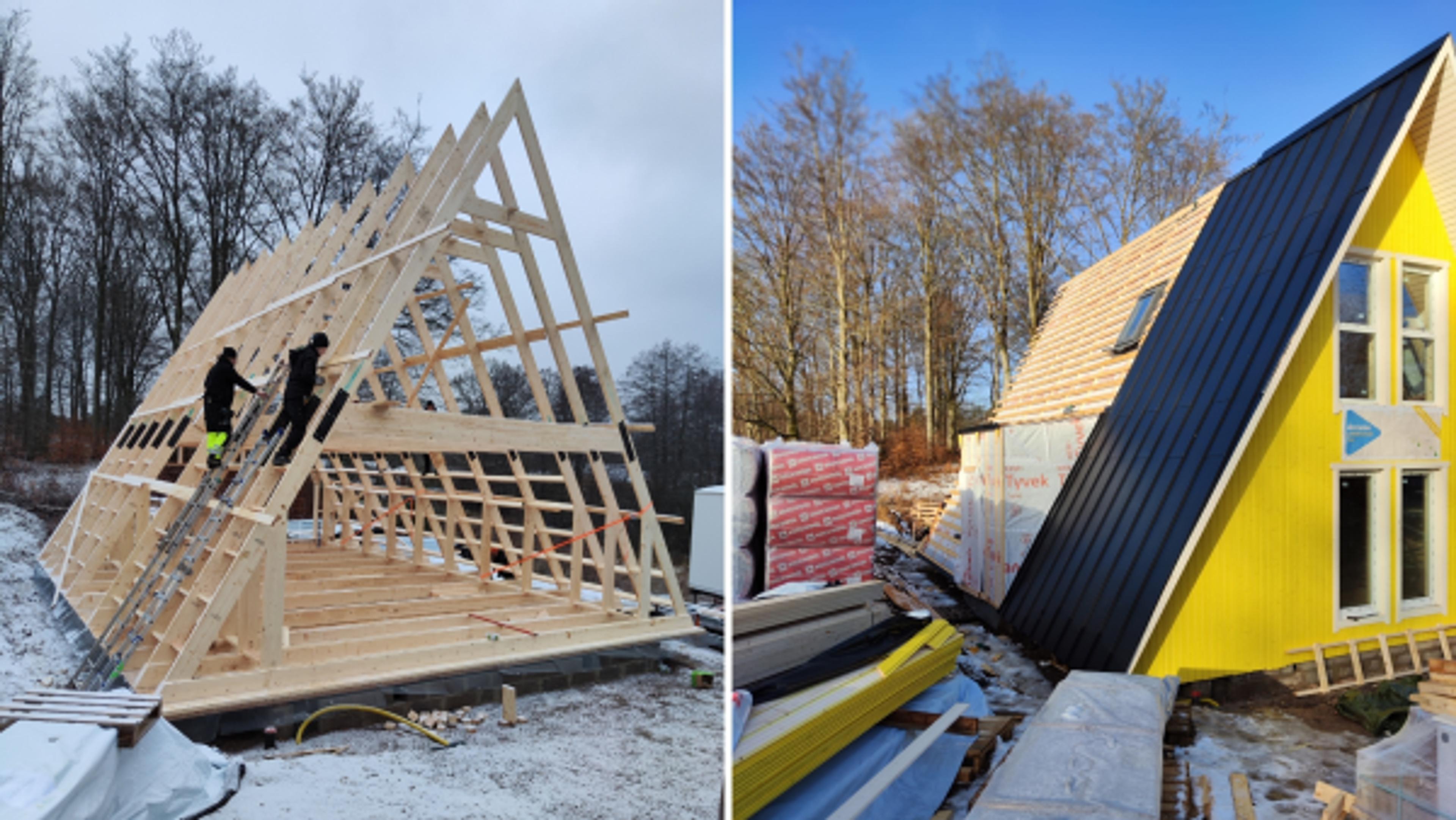 Two side-by-side photos show the construction stages of an Avrame Trio 120, progressing from the assembly of the timber A-frame skeleton to the installation of bright yellow siding and dark metal roofing.
