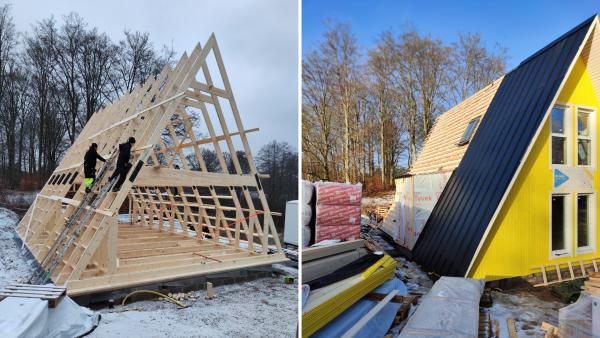 Two side-by-side photos show the construction stages of an Avrame Trio 120, progressing from the assembly of the timber A-frame skeleton to the installation of bright yellow siding and dark metal roofing.