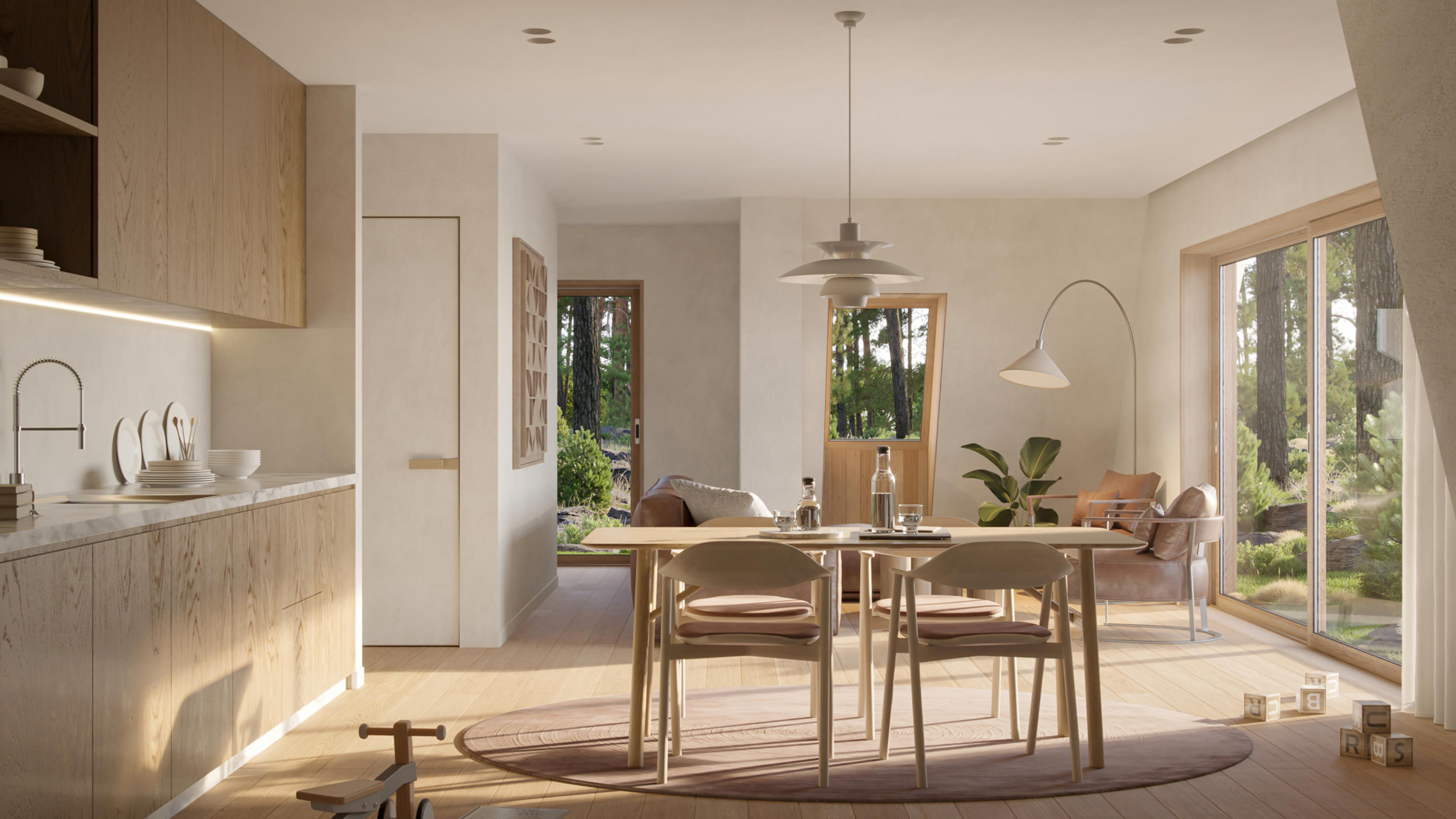 A bright, minimalist interior render of an A-frame house features a light wood kitchen and dining area that flows into a living space with large windows overlooking a forest.
