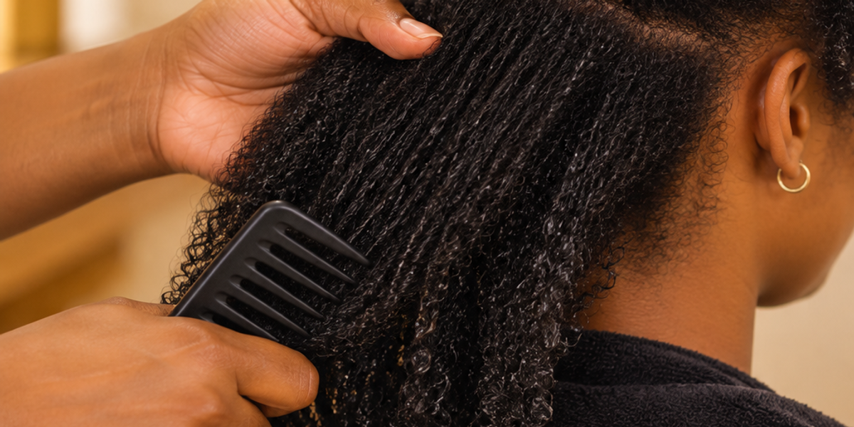 Hands detangling and preparing natural hair before a styling appointment