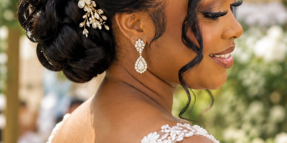 Nigerian bride wearing an elegant bridal updo hairstyle