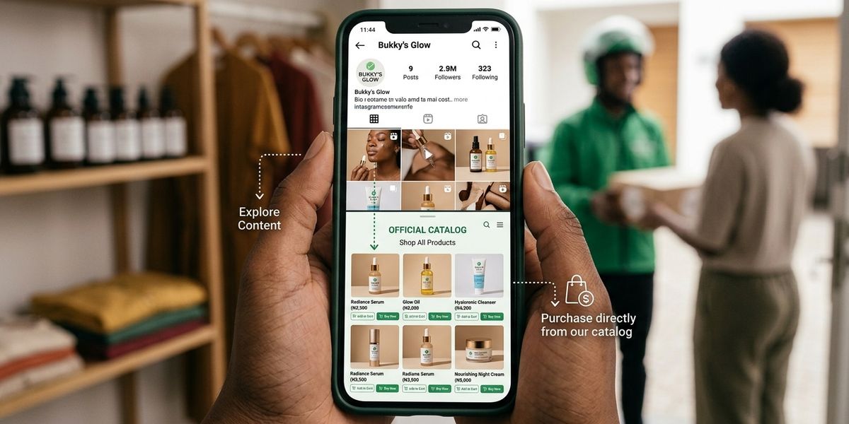 Instagram business profile shown alongside an organized online product catalog