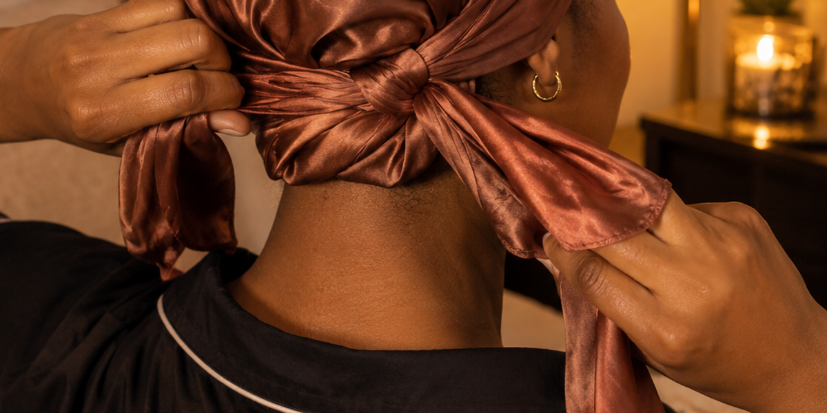 Woman wrapping her hair in a satin scarf as part of a nighttime hair routine
