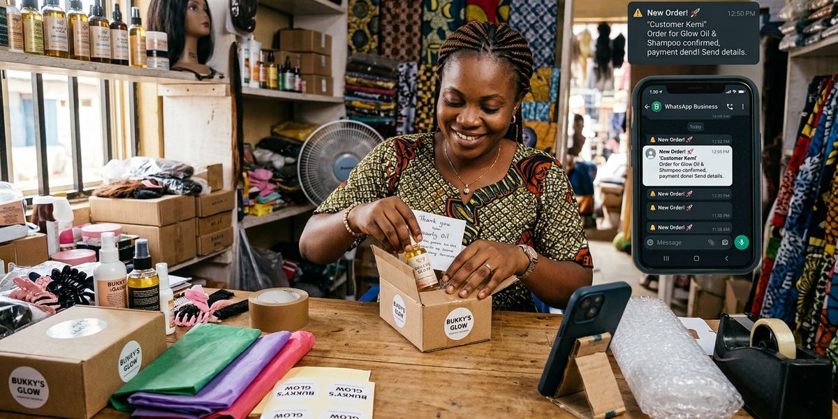 Nigerian small business owner packaging an online order for delivery