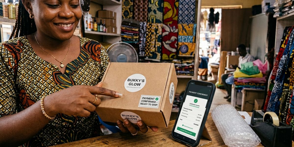 Nigerian small business owner checking a payment confirmation on their phone