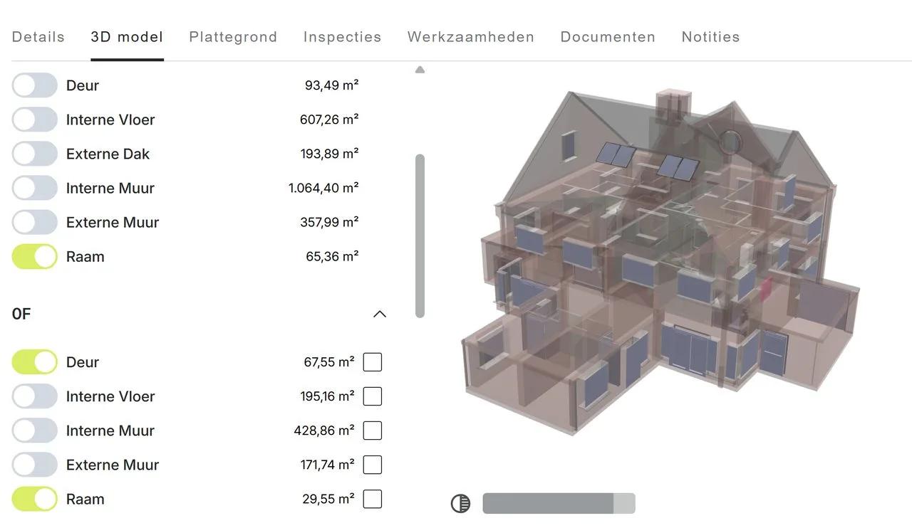 Hoeveelheden per element uit het 3D-model