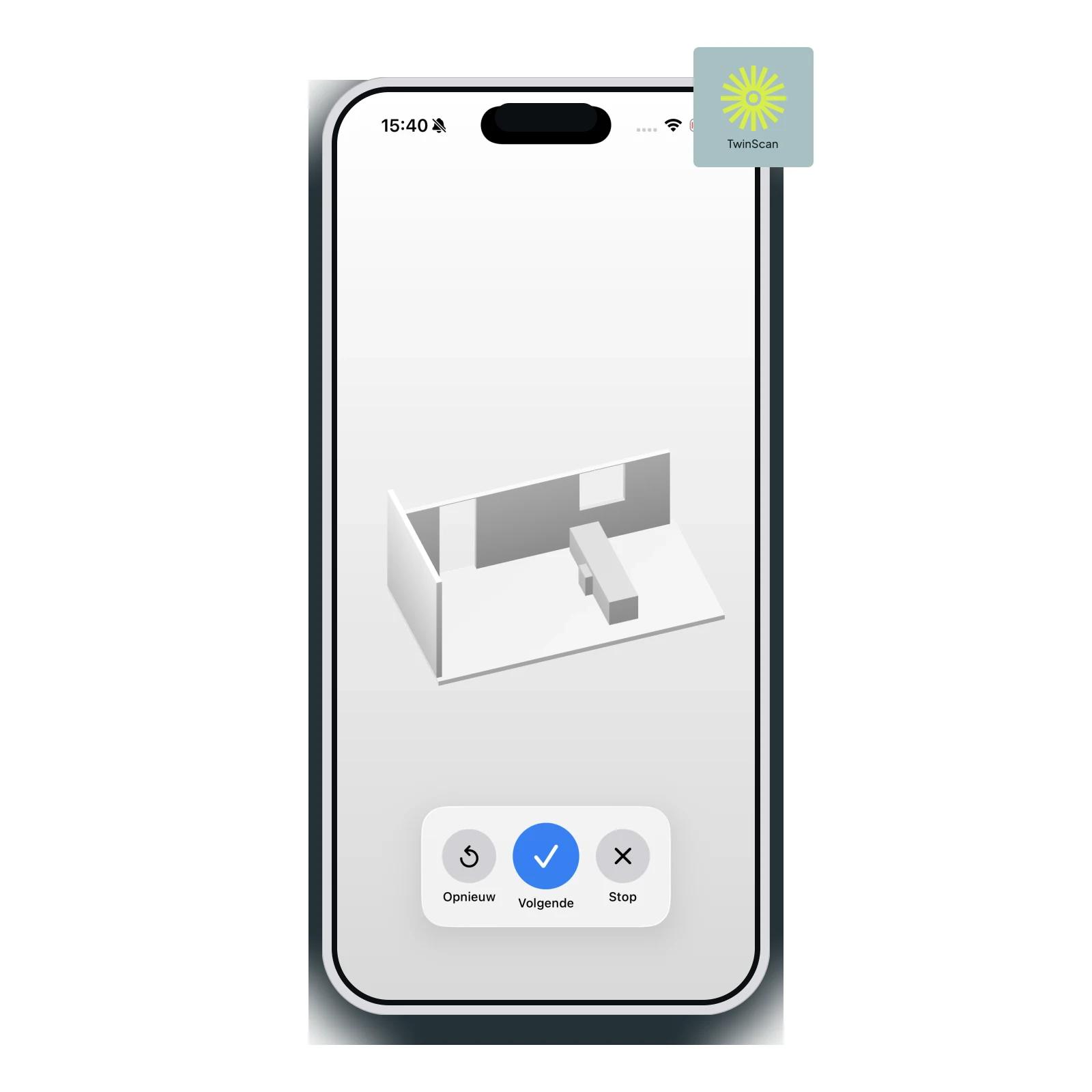 TwinScan 3D-scan van een ruimte in de app