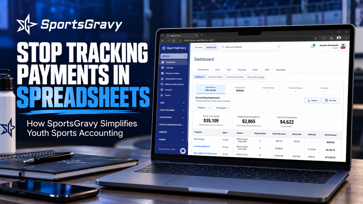 SportsGravy youth sports accounting graphic showing the Accounting Dashboard with payments, pending installments, past-due balances, and revenue reporting on a laptop.