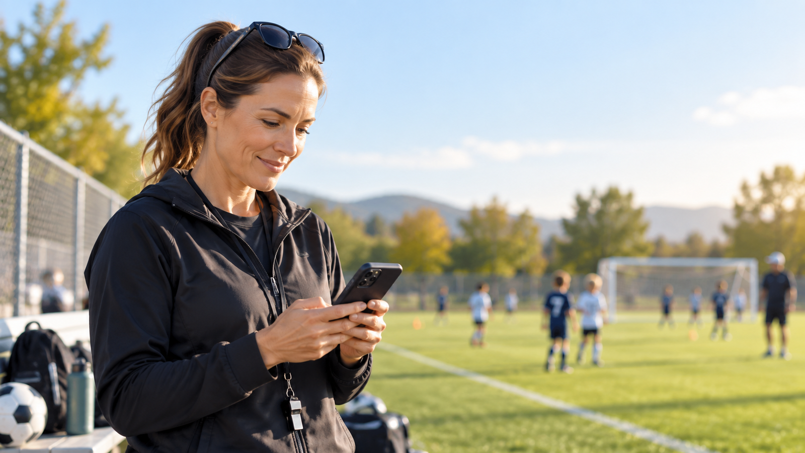 Youth sports coach checking team communication on a smartphone at a soccer field.