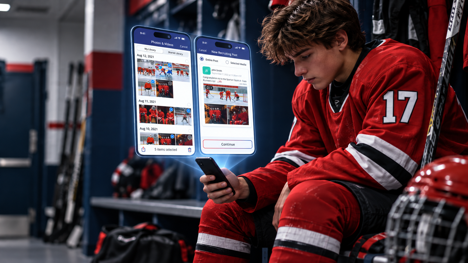 Hockey player in a red uniform viewing a SportsGravy recruiting and media interface projected from his phone in a locker room.