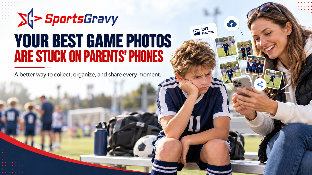 Youth soccer player and parent reviewing game photos on a phone with SportsGravy media sharing graphics