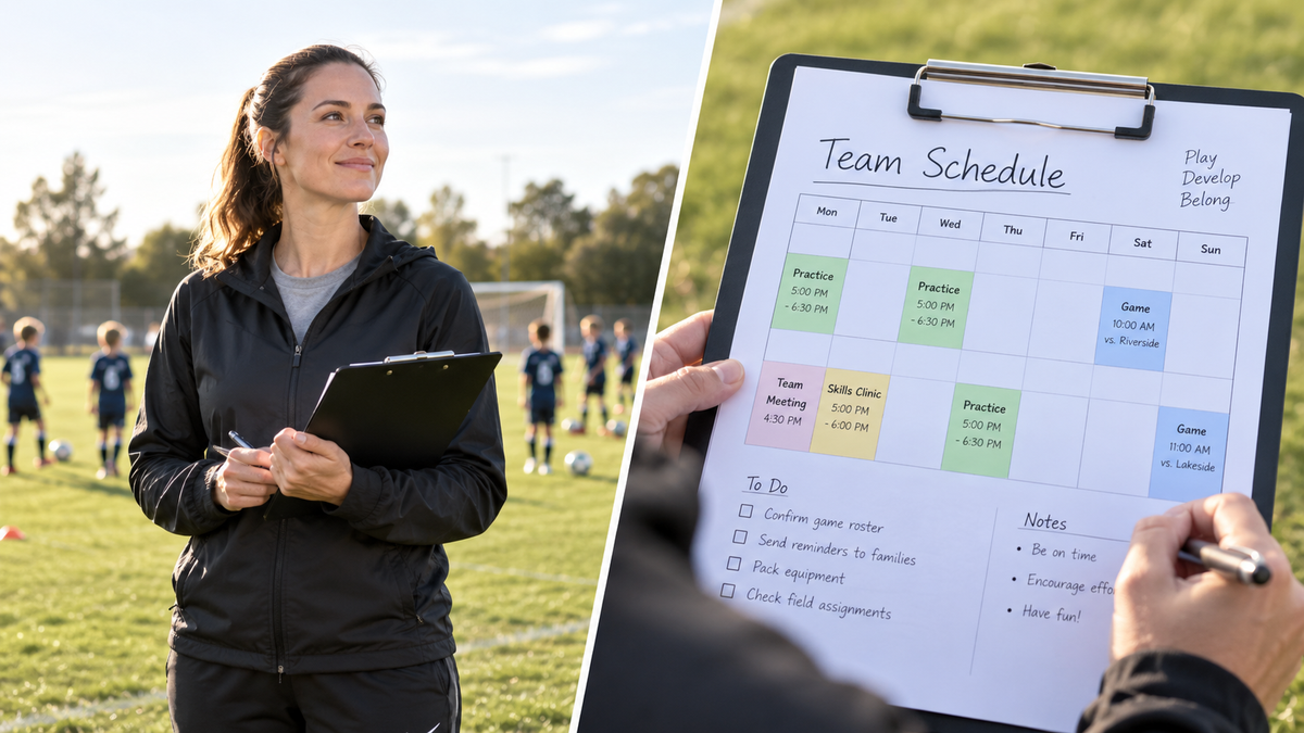 Youth soccer coach holding a clipboard with a team schedule on the field