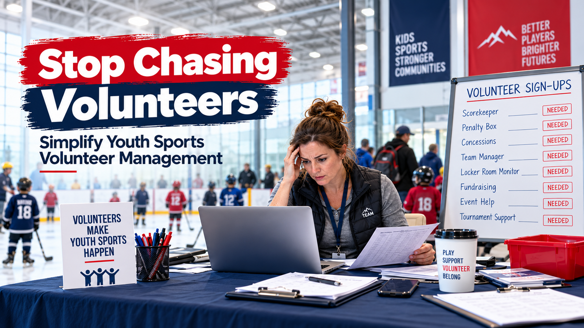 Stressed youth sports coordinator managing volunteer sign-ups at a hockey rink, with open roles for scorekeeping, concessions, team support, and other event duties.