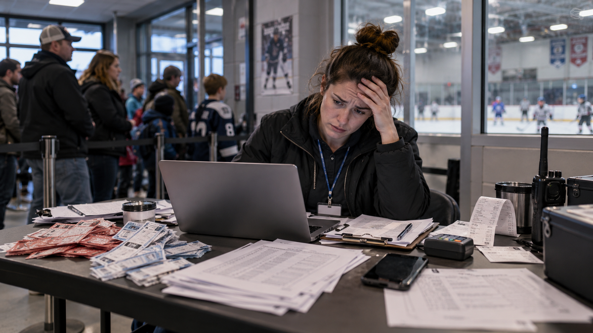 Frustrated youth hockey event staff member managing paper tickets, attendee lists, and a laptop at a busy ticketing desk.