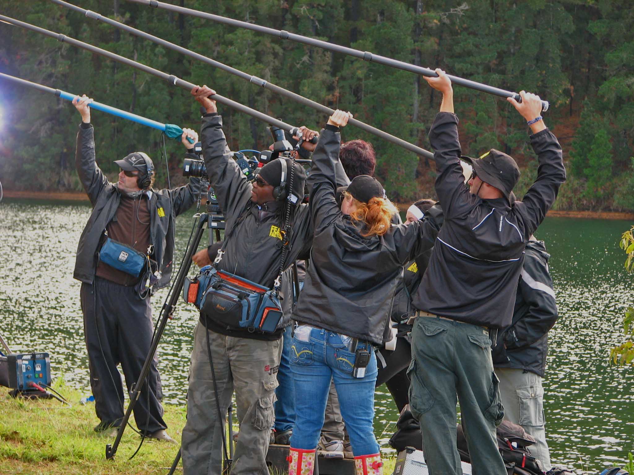 Film production crew setting up on location