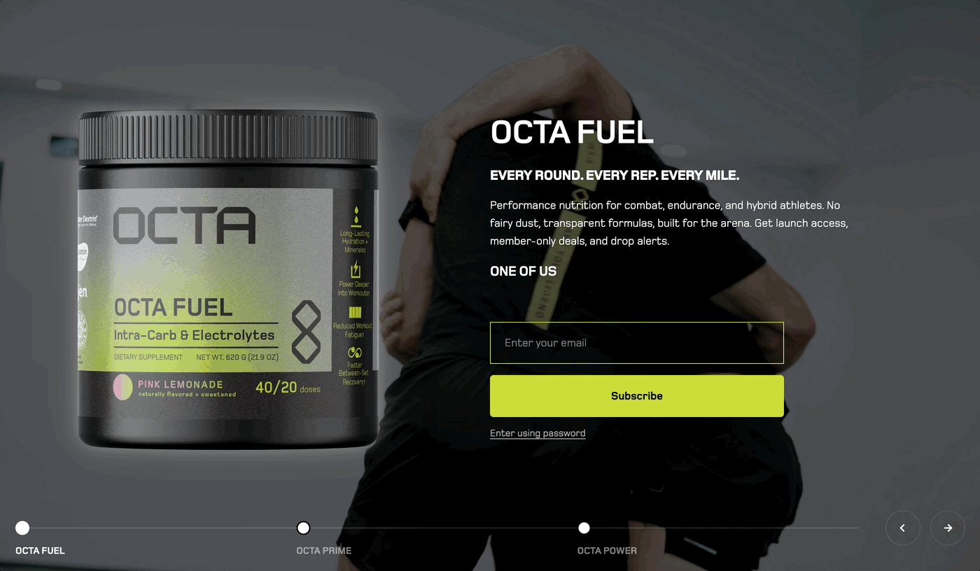 The Octa Nutrition password page animating through its pre-launch sequence