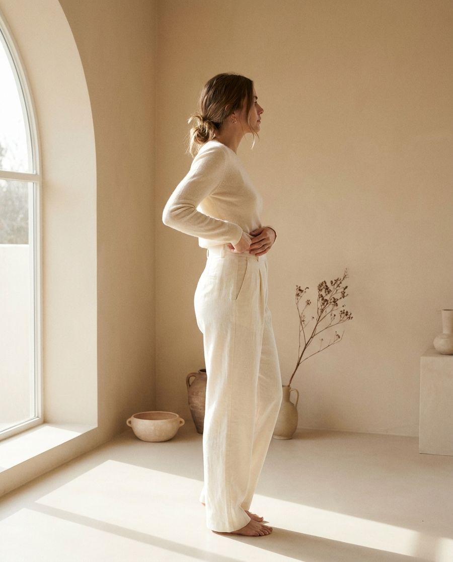 A woman in cream knitwear and wide linen trousers standing in profile in a calm, bright room