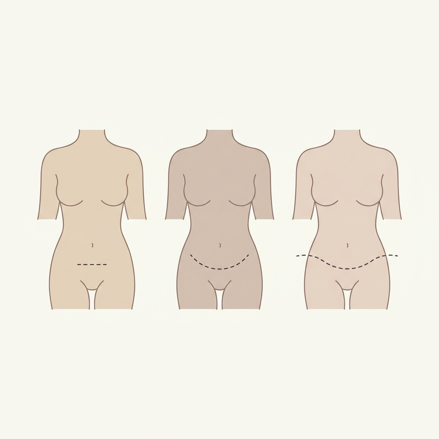 A diagram of three torsos comparing the incision lines used in mini, full and extended abdominoplasty