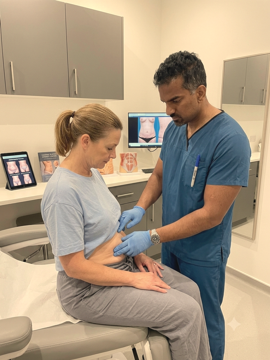 Mr Roshan Vijayan examining a seated patient’s abdomen in clinic, assessing loose abdominal skin and muscle separation before a tummy tuck