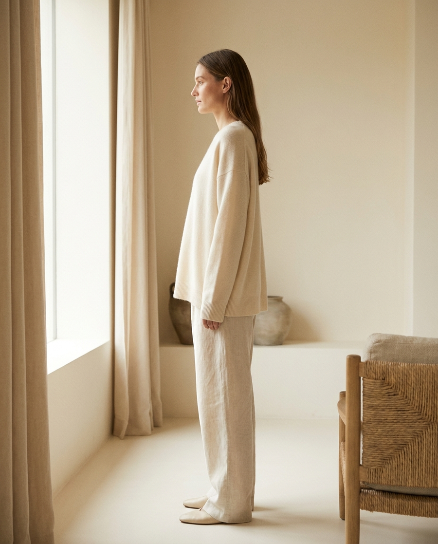 A woman in cream loungewear standing in profile at a tall window