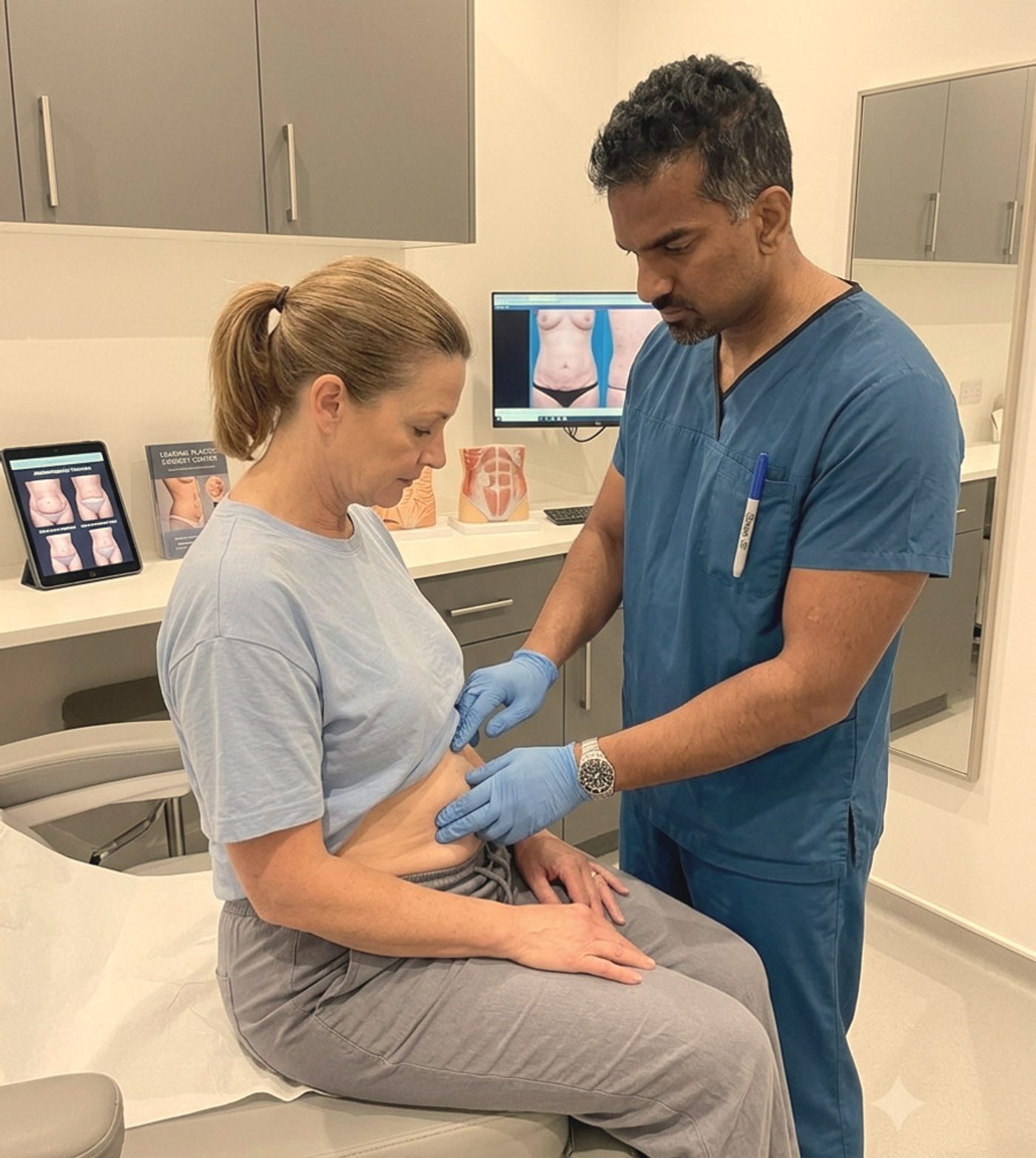 Tummy tuck types, abdominoplasty consultation, abdominal skin assessment