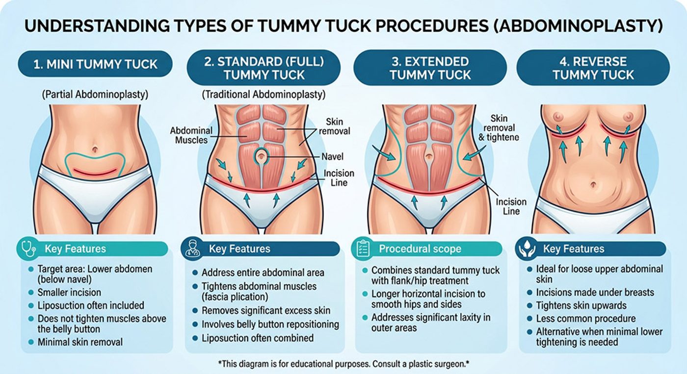 Tummy tuck types, mini tummy tuck, full tummy tuck, fleur-de-lis tummy tuck