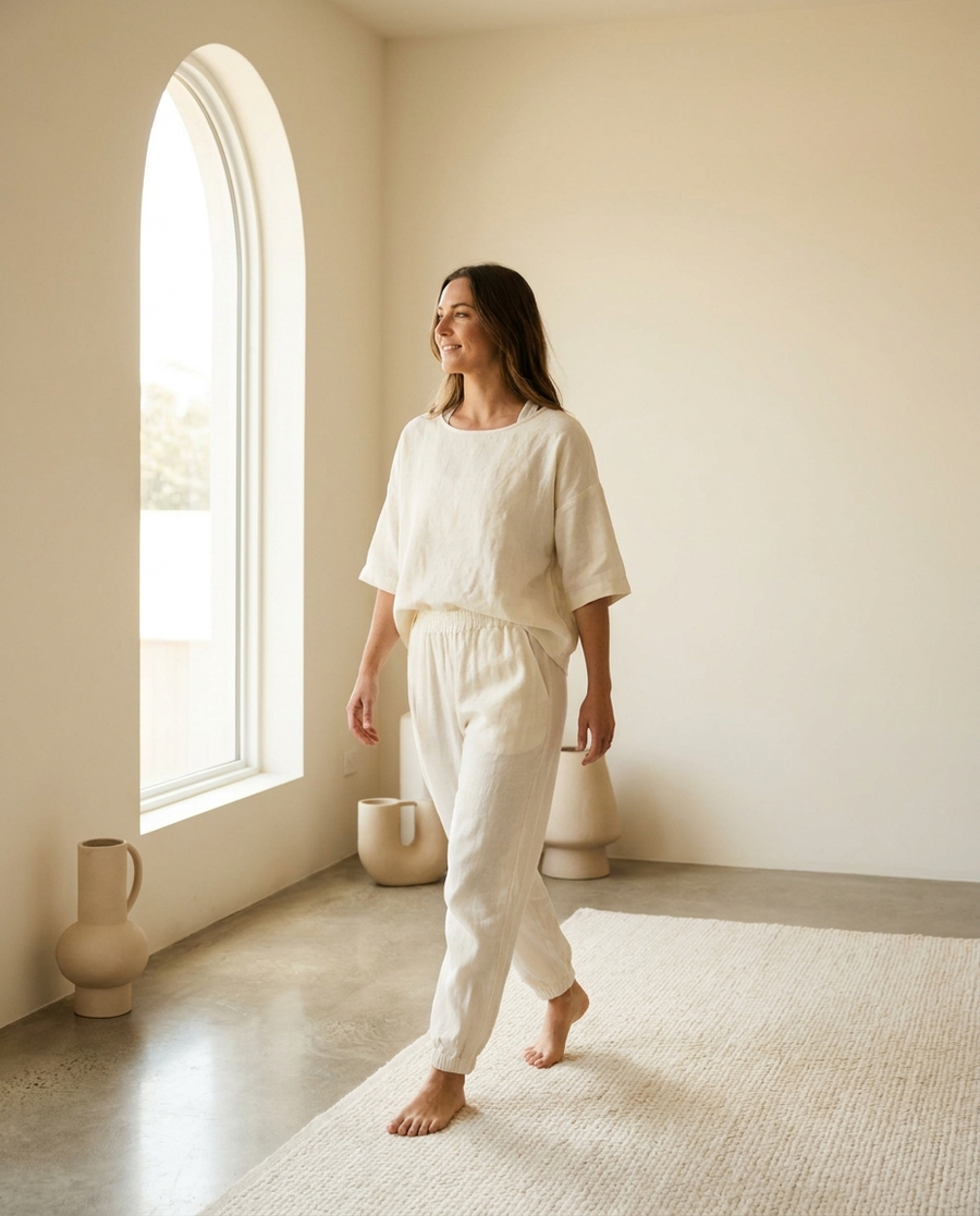 A woman in soft cream clothing walking barefoot through a calm, sunlit room