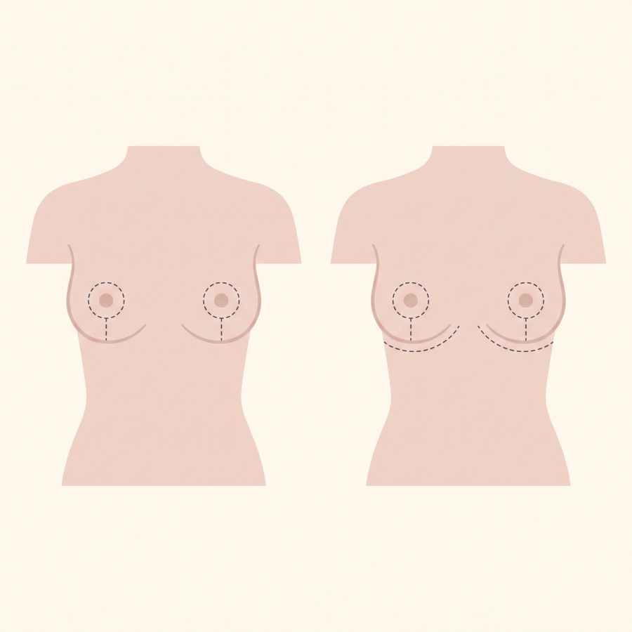 A diagram of two torsos comparing the lollipop and anchor incision patterns used in breast reduction